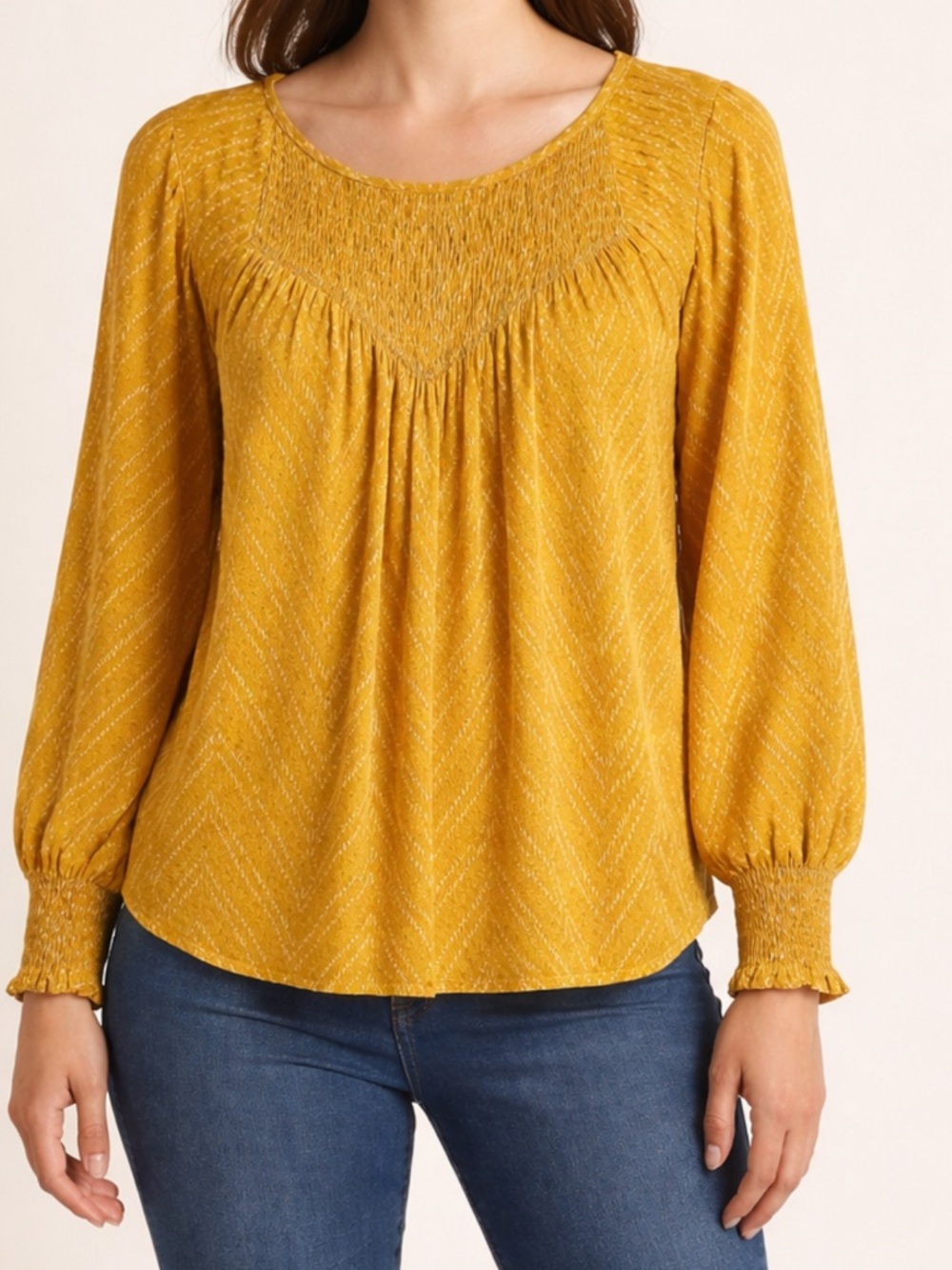 Lucky Brand Smocked Chest and Cuffs Long Sleeve Top